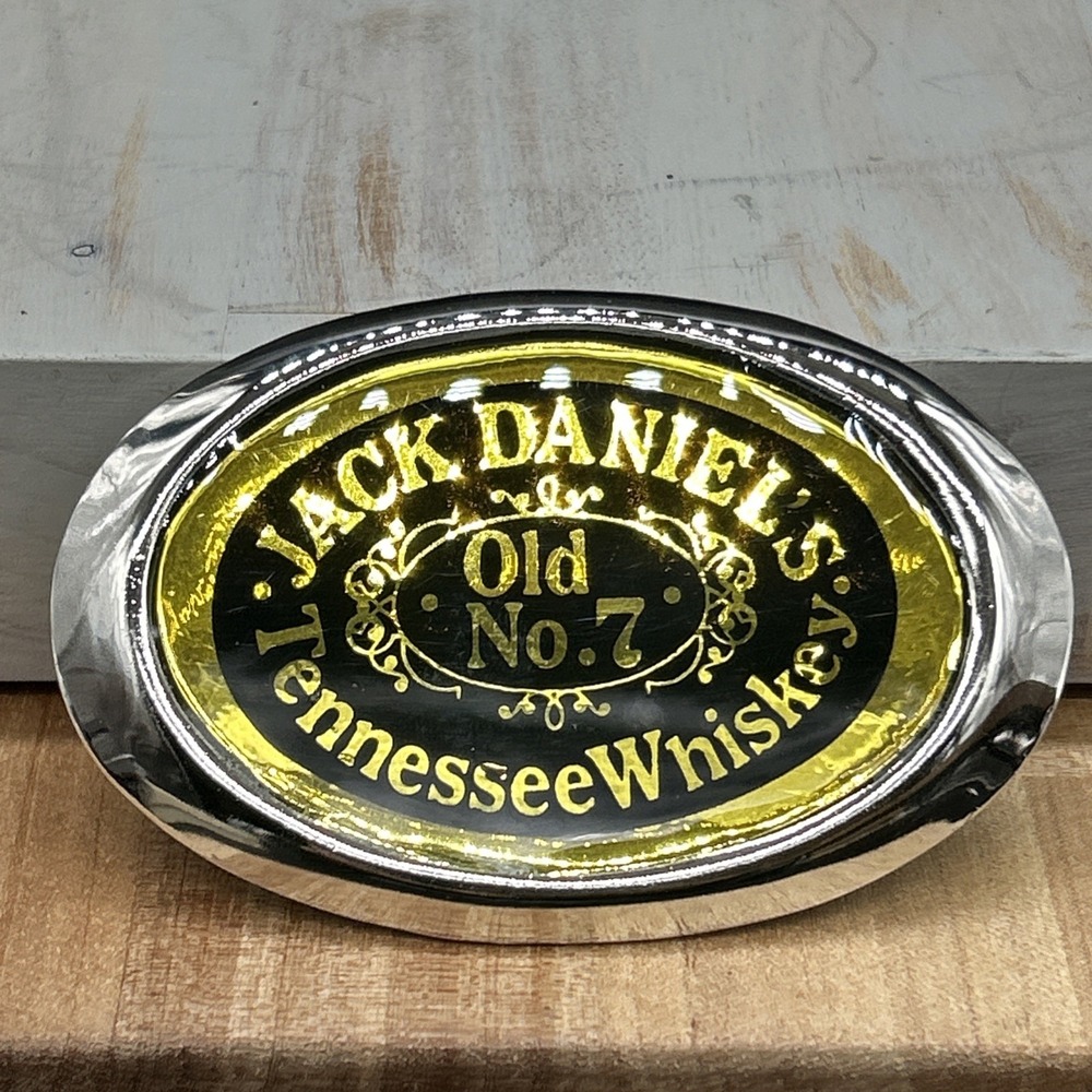 Jack Daniels Tennessee Whiskey Promo Belt Buckle Foil Image Inlay Vintage